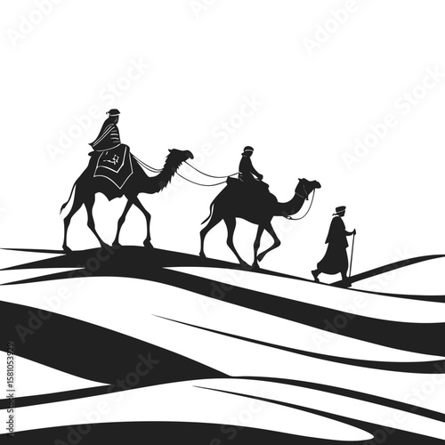 Three wise men on camels in the desert silhouette isolated on white background