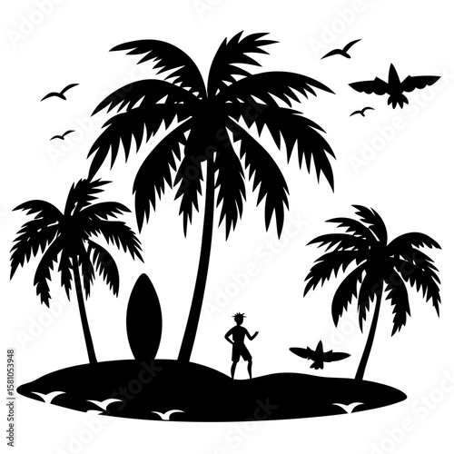 Tropical island paradise with palm trees surfer and birds silhouette isolated on white background