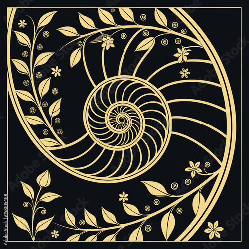 Intricate floral design featuring a symmetrical nautilus shell and ornate botanical elements