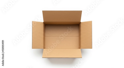 Overhead view of an empty open cardboard shipping box on a white background