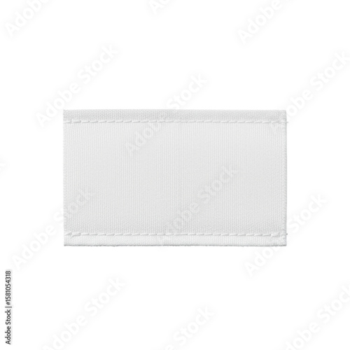 A pristine, rectangular white fabric clothing label with tightly woven textile texture and meticulously stitched edges, presented on a transparent isolated studio background, ultra-photorealistic