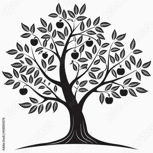 Black silhouette of a fruit tree with apples and leaves isolated on white background silhouette