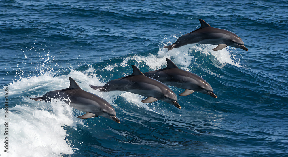 Fototapeta premium Playful dolphins jumping over breaking waves.