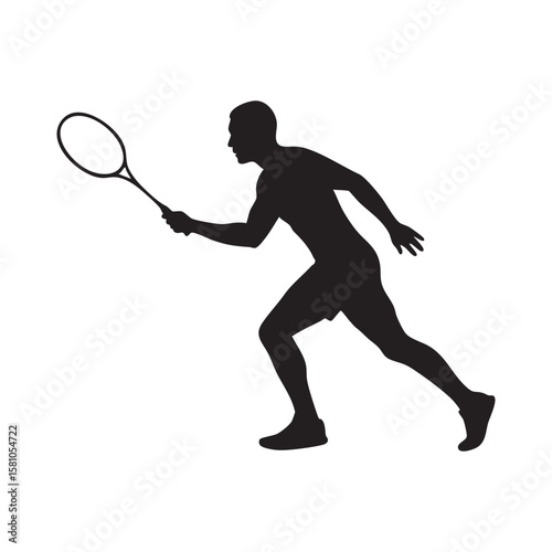 Man playing tennis with racket in action silhouette isolated on white background