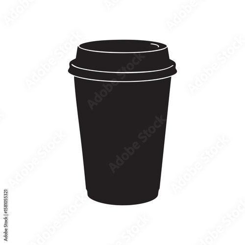 Black silhouette of a disposable coffee cup with lid isolated on white background silhouette