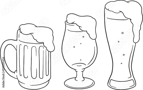 Hand-drawn beer glasses and mugs with frothy heads, perfect for showcasing various types of beer. Ideal for breweries, pubs, bars, restaurants, or designs related to drinks, parties.