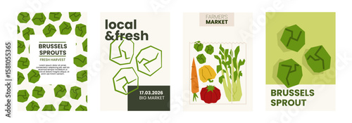 Fresh brussels sprouts illustration. Simple posters with cabbage vegetable for farmers market advertising. Vector templates with copyspace. Set in minimal hand drawn flat style.
