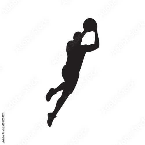 Basketball player leaping for a slam dunk silhouette isolated on white background