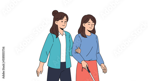 Two women walking together with one guiding the other who is visually impaired with a cane