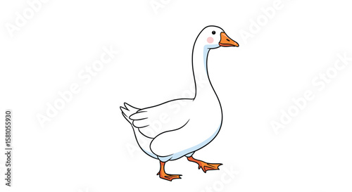 Charming cartoon goose walking gracefully on white background with playful sketch lines