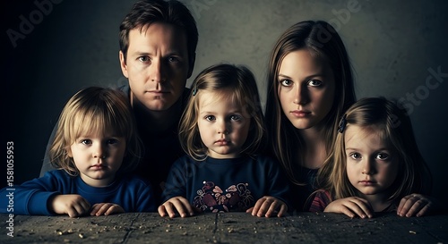Wallpaper Mural A family of five, including parents and three children, pose for a serious portrait behind a wooden table. Torontodigital.ca