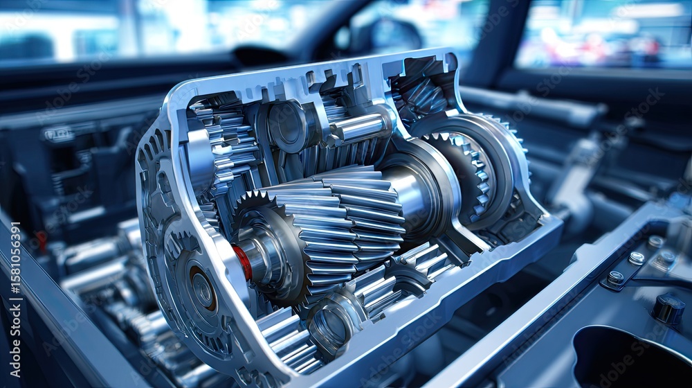 Obraz premium Detailed view of automobile gearbox with gears and cogs in natural light, highlighting mechanical components and car parts in a dynamic environment