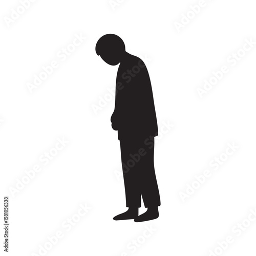 Sad person bowing head down silhouette isolated on white background silhouette