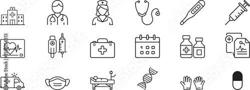 healthcare and medical icons set - hospital, doctor, nurse, first aid, equipment, ambulance, dna, syringe, pills, treatment, clinic symbols, vector illustration isolated on white backgroud