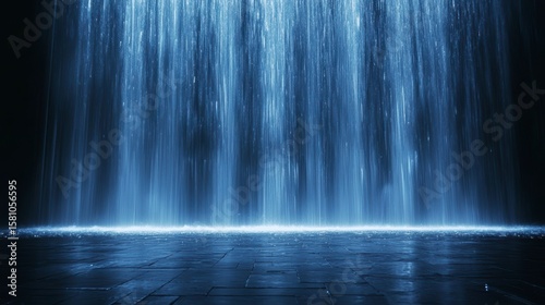 Abstract blue waterfall cascading onto dark floor.