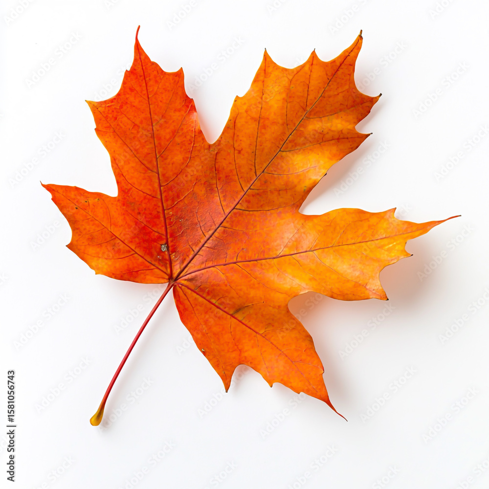 Fototapeta premium A colorful autumn maple leaf isolated on white background, showcasing the natural red, yellow, and orange fall foliage