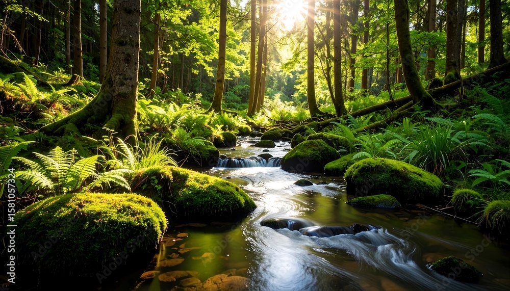 Fototapeta premium Sunlight streams through a lush forest, illuminating a flowing creek