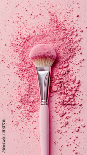 An isolated makeup paintbrush with soft black bristles and a white handle sits on a blue background as a beauty tool for applying cosmetic powder and face eyeshadow