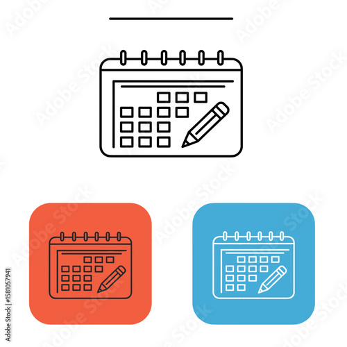 Calendar icon with pencil in three different color styles  