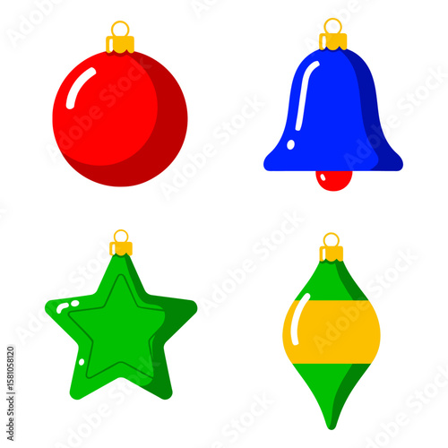 Bright Christmas Ornament Icons – Red Ball, Blue Bell, Green Star, Yellow-Green Teardrop Vector Decorations