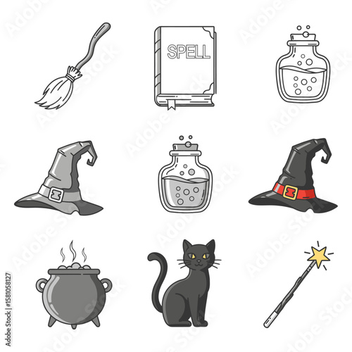 Witchcraft and Magic Icons Set – Broom, Spell book, Potion Bottles, Witch Hats, Cauldron, Black Cat, Magic Wand Vector Illustrations