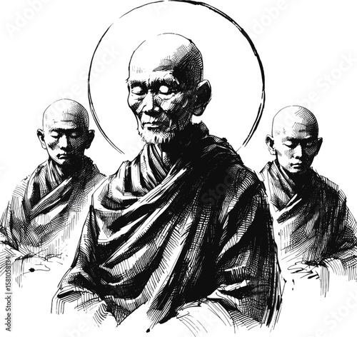 The Lotus and the Monk linework vintage ink sketch hand drawn pen drawing illustration background vector
