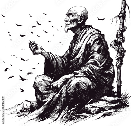 Mindful Steps monk linework vintage ink sketch hand drawn pen drawing illustration background vector