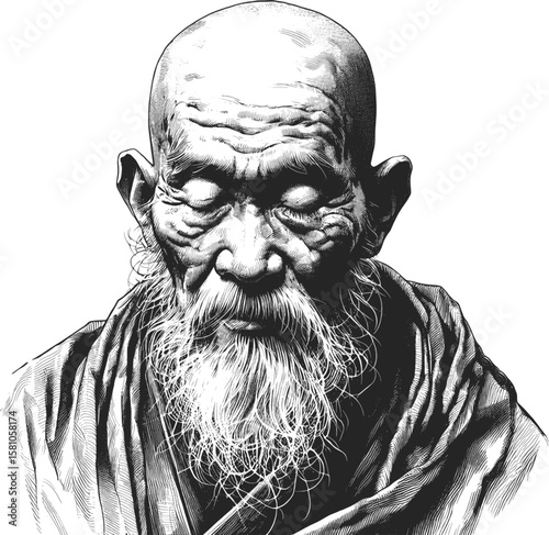 A Life of Solitude monk linework vintage ink sketch hand drawn pen drawing illustration background vector