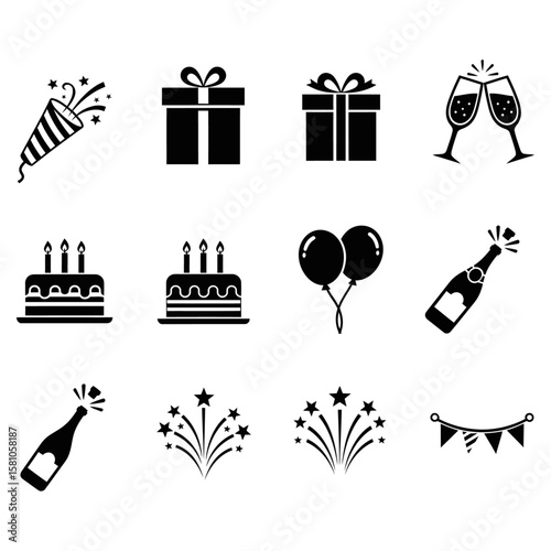 Party and Celebration Icons Set – Gifts, Champagne, Cake, Balloons, Fireworks, and Banners Vector Illustrations