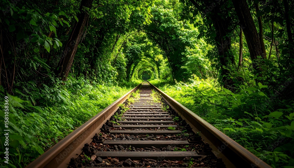 Fototapeta premium Lush green tunnel of trees over railway tracks