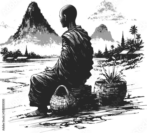 A Symbol of Purit Thai monk linework vintage ink sketch hand drawn pen drawing illustration background vector