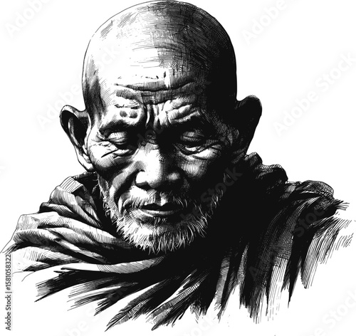 The Light Within Thai monk linework vintage ink sketch hand drawn pen drawing illustration background vector