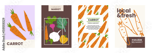 Fresh carrot illustration. Simple posters with root vegetable for farmers market advertising. Vector templates with copyspace. Set of harvested salad vegetables in minimal hand drawn and flat style.