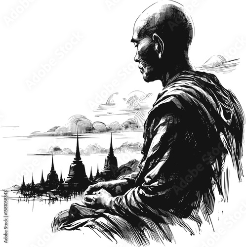 The Last Offering: A Monk’s Humility Thai monk linework vintage ink sketch hand drawn pen drawing illustration background vector