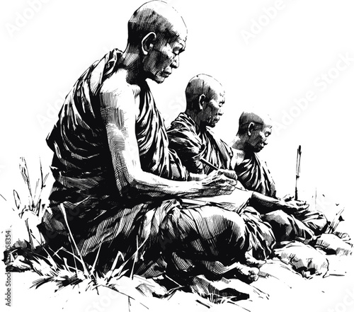 Whispers of the Temple Thai monk linework vintage ink sketch hand drawn pen drawing illustration background vector