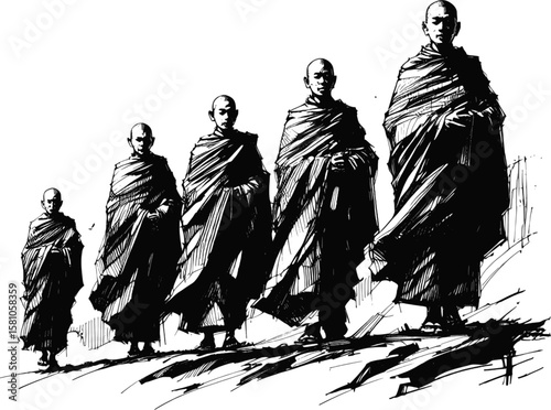 The Monk’s Walk Thai monk linework vintage ink sketch hand drawn pen drawing illustration background vector