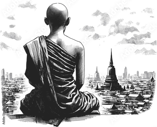 The Monk and the Unseen Thai monk linework vintage ink sketch hand drawn pen drawing illustration background vector