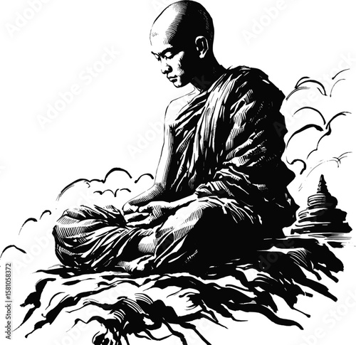Shadows of Enlightenment Thai monk linework vintage ink sketch hand drawn pen drawing illustration background vector