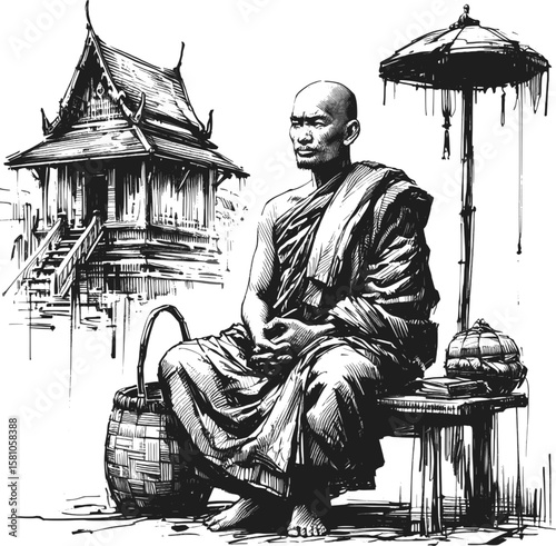 The Weight of a Single Breath Thai monk linework vintage ink sketch hand drawn pen drawing illustration background vector