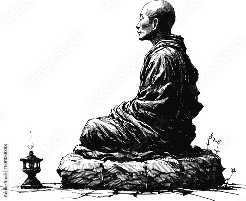 Where Spirit Meets Stone Thai monk linework vintage ink sketch hand drawn pen drawing illustration background vector