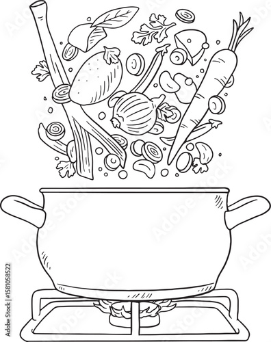 Illustration of fresh chopped vegetables falling into a cooking pot on a stove with flames. Perfect for recipes, cooking blogs, culinary classes, restaurant menus, or any design related to healthy eat
