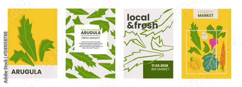 Fresh arugula illustration. Simple posters with leafy vegetable for farmers market advertising. Vector templates with copyspace. Set of harvested salad vegetables in minimal hand drawn and flat style.