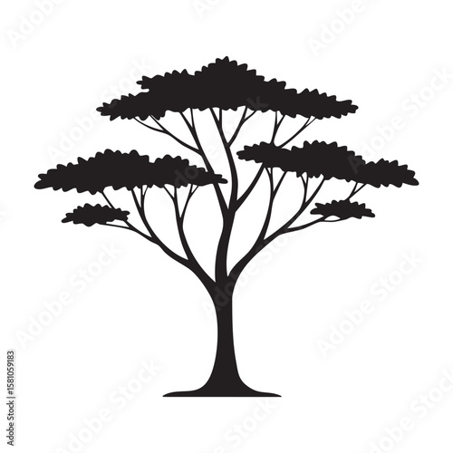 Black silhouette of a spreading tree with lush foliage isolated on white background silhouette