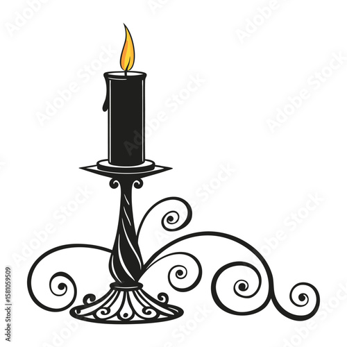 Black candle in ornate holder flame candlestick