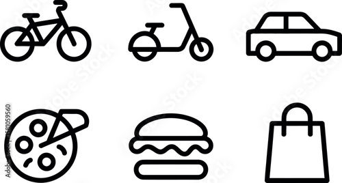 Bold Line Icons: Bicycle, Scooter, Car, Pizza, Burger, Shopping Bag