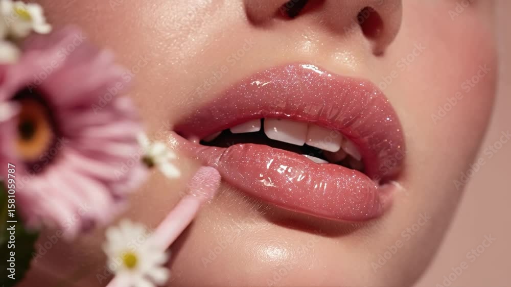 Glossy Lips and Floral Delights: Delicate petals embrace a flawless visage as a touch of lip gloss enhances the soft contours, in a vibrant display of beauty and grace.