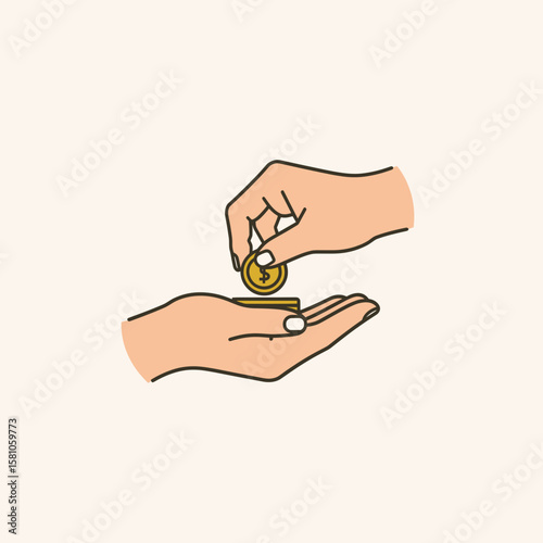 Hand placing coin into another hand on neutral background  