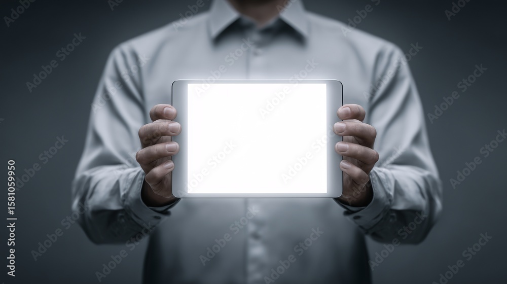 Digital Tablet Presentation: A person, presenting a modern digital tablet with a bright, empty screen, emphasizing innovation and technology. Digital Tablet Presentation: A person, presenting a modern digital tablet with a bright, empty screen, emphasizing innovation and technology.