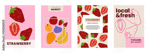 Fresh strawberry illustration. Simple posters with berries for farmers market advertising. Vector templates with copyspace. Set of harvested sweet vegetables in minimal hand drawn and flat style.