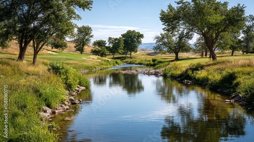 Scenic River Landscape: A tranquil river flows through a verdant valley, reflecting the sky. Trees line the banks, creating a peaceful natural vista.
